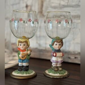 Vintage JSNY Hand-Painted Wine Glasses. Boy | Girl | Porcelain | Bisque 6”T EUC